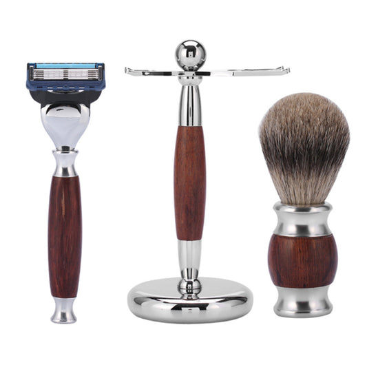 Rosewood Handle Super Badger Hair Shaving Brush Set with Safety Razor and Brush Stand