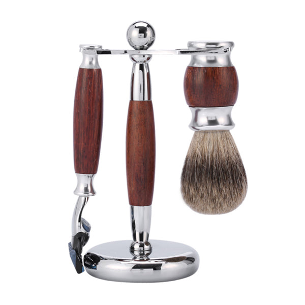 Rosewood Handle Super Badger Hair Shaving Brush Set with Safety Razor and Brush Stand